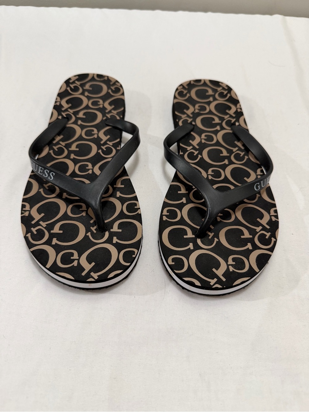 Guess Black and Tan Logo Print Flip Flops
